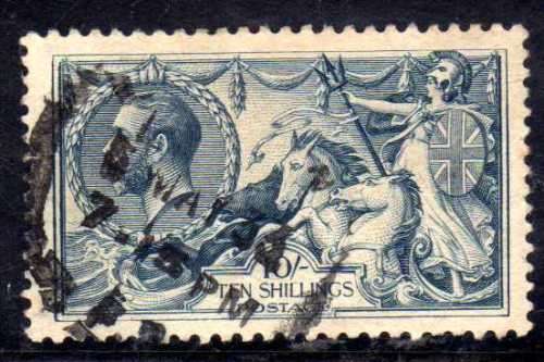 GREAT BRITAIN 1912. 10/- SEA HORSE FINE USED. SG 452 (SIMPLIFIED). CAT 80 POUNDS.