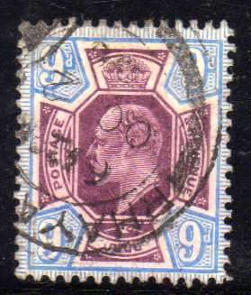 GREAT BRITAIN 1911-13 9d DEEP DULL REDDISH PURPLE AND DEEP BRT BLUE VFU. SG 306a. CAT 75 POUNDS.
