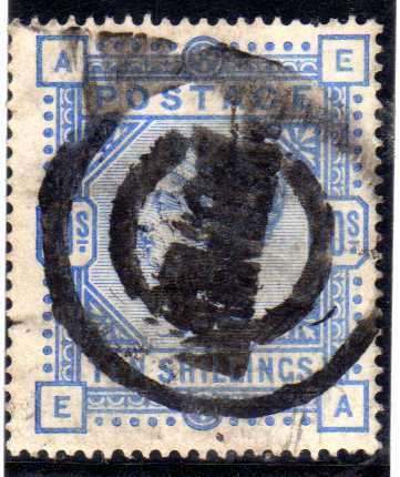 GREAT BRITAIN 1883-84 10/- ULTRAMARINE WHITE PAPER USED HEAVY PARCEL CANCEL. SG 183. CAT 525 POUNDS.