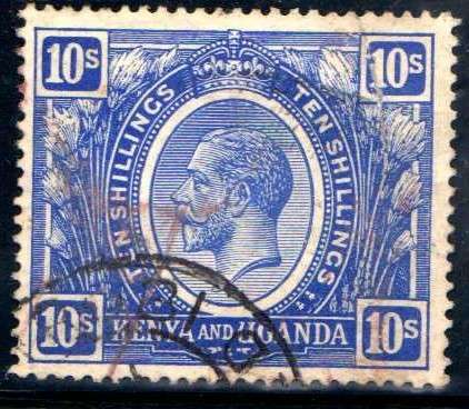 KENYA UGANDA TANGANYIKA 1922 DEFIN  10/- BRIGHT BLUE FINE USED. SG 94. CAT 70 POUNDS.