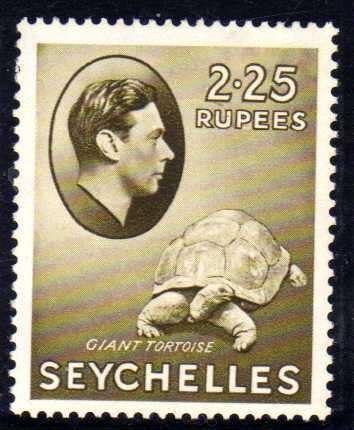 SEYCHELLES 1938 DEFINITIVE R2.25 OLIVE CHALKY PAPER L.M.M. SG 148. CAT 55 POUNDS.