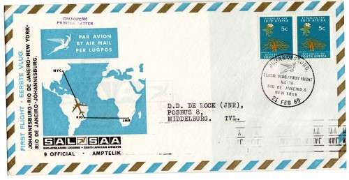 SOUTH AFRICA 1969 1ST FLIGHT JOHANNESBURG - NEW YORK OFFICIAL  COVER 9 VFU. CAT R160. (SACC 2017/18)