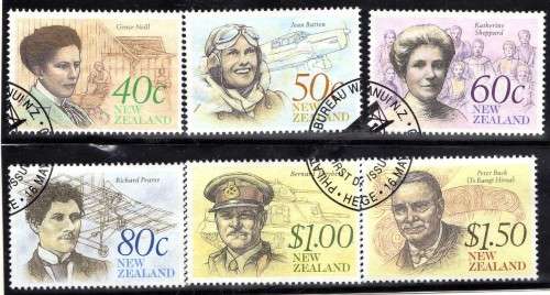 NEW ZEALAND 1990 "FAMOUS NEW ZEALANDERS" SET OF 6 VERY FINE USED. SG 1548-53. CAT 9,15 POUNDS.