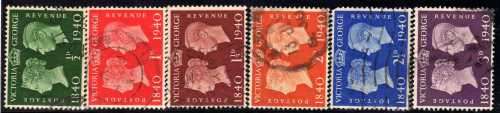 GREAT BRITAIN 1940 STAMP CENTENARY SET OF 6 FINE - V.F.U. SG 479-484. CAT 5,25 POUNDS.