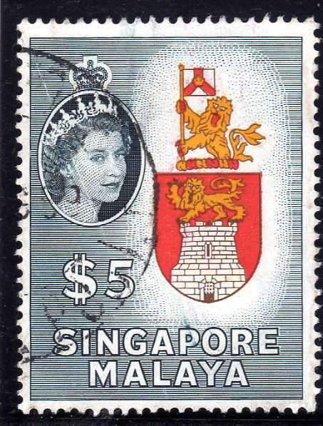 SINGAPORE 1955 DEFIN $5 VFU. SG 52. CAT 5 POUNDS.