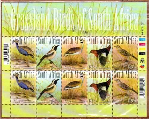 SOUTH AFRICA 2010 `GRASSLAND BIRDS OF SA` SHEET OF 10 UMM. SACC 2081-2085. CAT R360. (2023-25)