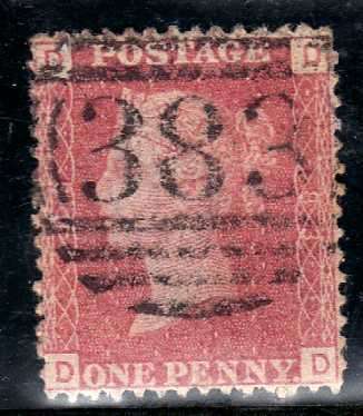 GREAT BRITAIN 1858-79 1d ROSE PLATE 83 GOOD USED BUT TINY TEAR. SG 43. CAT 8 POUNDS.