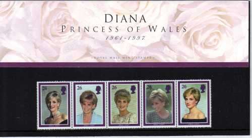 GREAT BRITAIN 1998 PRINCESS DIANA SET OF 5 UMM IN PRESENTATION PACK. SG 2021-25. CAT 16 POUNDS.