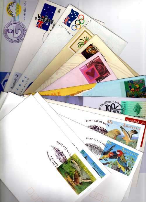 AUSTRALIA 1990's 14 PREPRINTED STAMPED ENVELOPES, SOME FDC's AND AEROGRAMMS MINT AND CANCELLED.