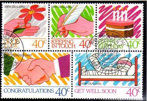 NEW ZEALAND 1988 "GREETING STAMPS" PANE OF 5 VFU. SG 1455-59. CAT 5 POUNDS.