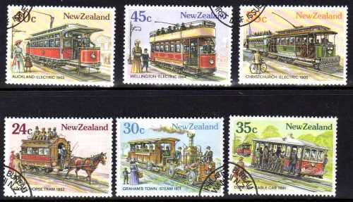 NEW ZEALAND 1985 "VINTAGE TRAMS" SET OF 6 VFU. SG 1360-65. CAT 4,75 POUNDS.