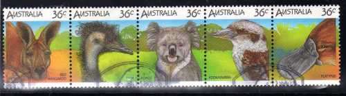 AUSTRALIA 1986 "AUSTRALIA WILDLIFE" (1ST SERIES) STRIP OF 5 VFU. SG 1023-27. CAT 4,75 POUNDS.
