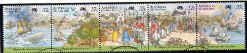 AUSTRALIA 1987 "BICENTENARY OF SETTLEMENT" (8TH ISSUE) STRIP OF 5 VFU. SG 1077-81. CAT 5,50 POUNDS.