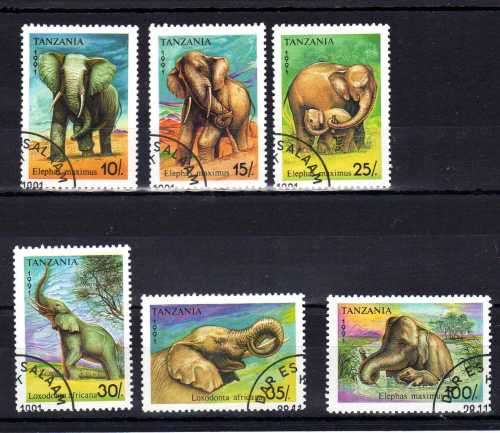 TANZANIA 1991 "ELEPHANTS" PART SET OF 6 VFU. SG 1074-79. CAT 6,10 POUNDS.