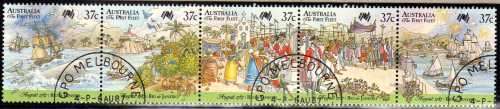 AUSTRALIA 1987 "BICENTENARY OF SETTLEMENT" (8TH ISSUE) STRIP OF 5 VFU. SG 1077-81. CAT 5,50 POUNDS.