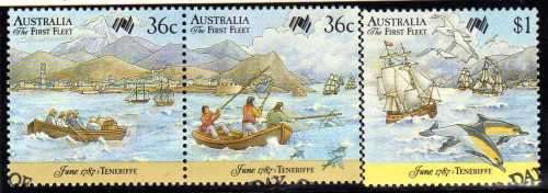AUSTRALIA 1987 "BICENTENARY OF SETTLEMENT" (7TH ISSUE) STRIP OF 3 VFU. SG 1064-66. CAT 4,25 POUNDS.