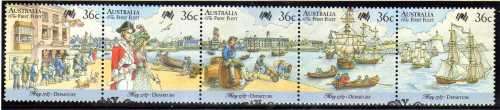 AUSTRALIA 1987 "BICENTENARY OF SETTLEMENT" (6TH ISSUE) STRIP OF 5 VFU. SG 1059-63. CAT 5,50 POUNDS.