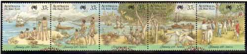 AUSTRALIA 1988 "BICENTENARY OF SETTLEMENT" (10TH ISSUE) STRIP OF 5 VFU. SG 1105-09. CAT 4,75 POUNDS.