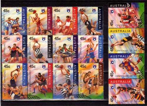 AUSTRALIA 1996 "CENTENARY OF FOOTBALL LEAGUE" SET OF 16 VFU. SG 1606-21. CAT 14,40 POUNDS.