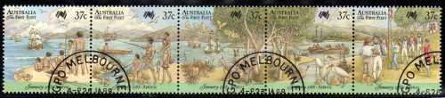 AUSTRALIA 1988 "BICENTENARY OF SETTLEMENT" (10TH ISSUE) STRIP OF 5 VFU. SG 1105-09. CAT 4,75 POUNDS.