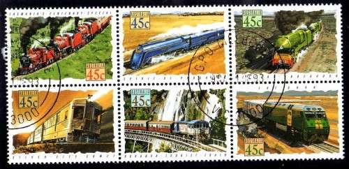AUSTRALIA 1993 "TRAINS" PANE OF 6 VFU. SG 1405-1410. CAT 5,70 POUNDS.