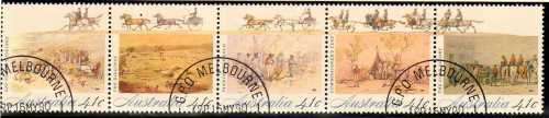 AUSTRALIA 1990 "GOLD FEVER" STRIP OF 5 VFU. SG 1254-58. CAT 5 POUNDS.