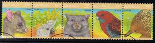 AUSTRALIA 1987 "AUSTRALIAN WILDLIFE" STRIP OF 5 VFU. SG 1072-76. CAT 4,25 GBP.