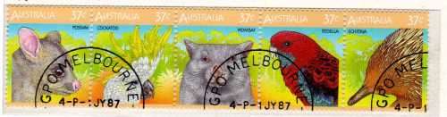 AUSTRALIA 1987 "AUSTRALIAN WILDLIFE" STRIP OF 5 VFU. SG 1072-76. CAT 4,25 GBP.