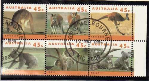 AUSTRALIA 1994 "AUSTRALIAN WILDLIFE" PANE OF 6 VFU. SG 1459-64. CAT 5,10 GBP.