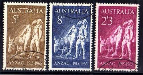 AUSTRALIA 1965 "50TH ANNIVERSARY GALLIPOLI LANDING" SET OF 3 VFU. SG 373-5. CAT 5 POUNDS.