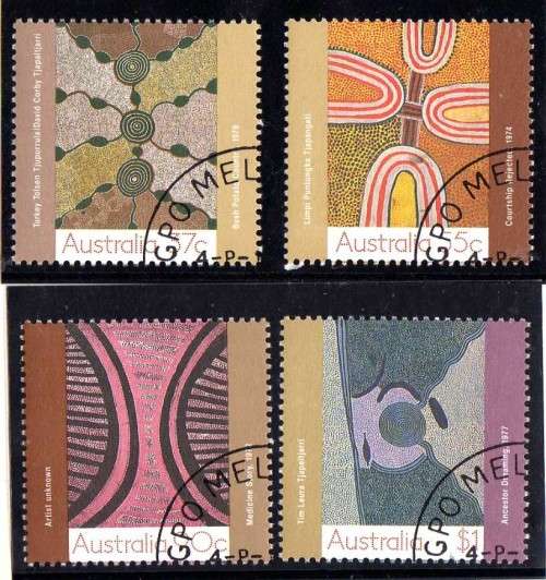 AUSTRALIA 1988 "DESERT ART" SET OF 3 VFU. SG 1150-53. CAT 4,90 GBP.