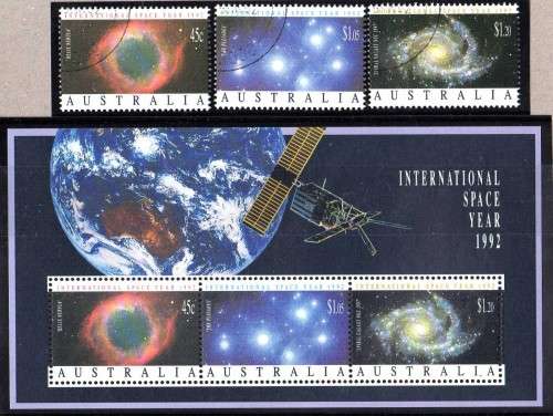 AUSTRALIA 1992 "INTERNATIONAL SPACE YEAR" SET OF 3 VFU & M/S UMM. SG 1343 - MS 1346. CAT 7,70 GBP.