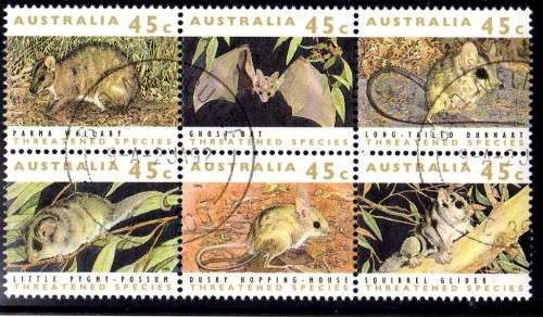 AUSTRALIA 1992 "THREATENED SPECIES" BLOCK OF 6 VFU. SG 1312-17. CAT 5,40 GBP