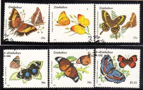 ZIMBABWE 1992 "BUTTERFLIES" SET OF 6 VFU. SG 838-843. CAT 7,25 POUNDS.