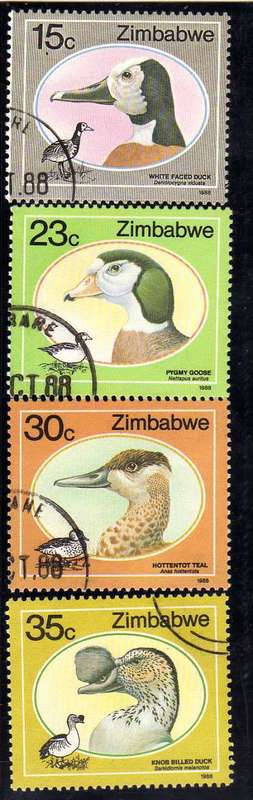 ZIMBABWE 1988 "WILD DUCKS AND GEESE" SET OF 6 VFU. SG 740-5. CAT 6 POUNDS.