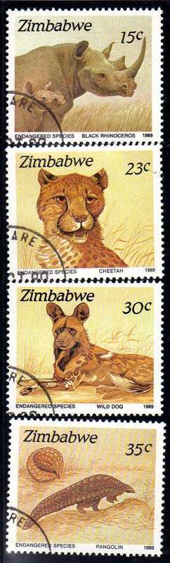 ZIMBABWE 1989 "ENDANGERED SPECIES" SET OF 6 VFU. SG 762-67. CAT 6,50 POUNDS.