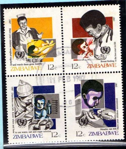 ZIMBABWE 1987 "CHILD SURVIVAL" BLOCK OF 4 VFU. SG 706-9. CAT 4,50 POUNDS.