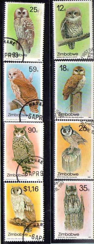 ZIMBABWE 1987 & 1993 "OWLS" 1ST & 2ND SERIES BOTH SETS OF 4 VFU. SG 710-13 & 850-53. CAT 15,25 GBP.