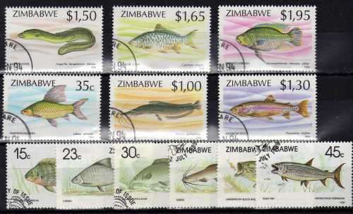 ZIMBABWE 1989 & 1994 "FISH" 1ST & 2ND SERIES BOTH SETS OF 6 VFU. SG 756-61 & 864-69. CAT 6,50 GBP.