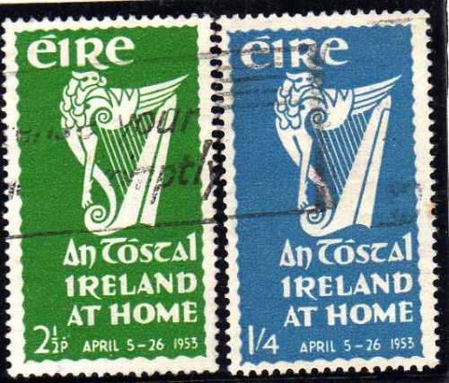 IRELAND 1953 "IRELAND AT HOME" SET OF 2 V.F.U. SG 154-55. CAT 28,35 POUNDS.