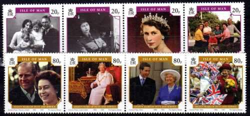 ISLE OF MAN 2006 "80TH BIRTHDAY OF QE II" SET OF 8 UMM. SG 1270-77. CAT 8 GBP.