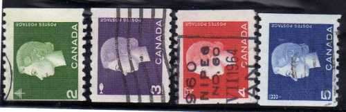 CANADA 1962-64 DEFINITIVE COIL SET OF 4 FINE- VF USED. SG 532-34. CAT 15 POUNDS.