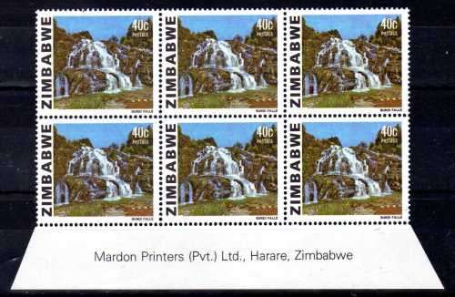 ZIMBABWE 1983 40c DEFINITIVE IMPRINT BLOCK OF 6. SG 588a. CAT 15 POUNDS.