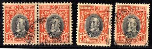 SOUTHERN RHODESIA 1931 DEFIN 4d PERF 12 PAIR , PERF 11,5, PERF 14 VFU. SACC 20, 20a, 20b. CAT R935.
