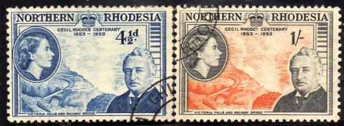 NORTHERN RHODESIA 1953 "RHODES CENTENARY" SET OF 5 VFU. SG 54-58. CAT 12 POUNDS.