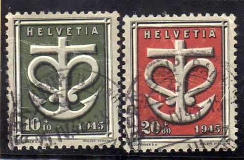 SWITZERLAND 1945 "WAR RELIEF FUND" SET OF 2 VFU. SG 445-46. CAT 9,75 POUNDS.