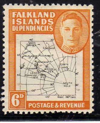 FALKLAND ISLANDS DEPENDENCIES 1946 DEFIN 6d MAP THIN AND CLEAR MM. SG G14. CAT 24 POUNDS.