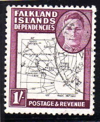 FALKLAND ISLANDS DEPENDENCIES 1946 DEFIN 1/- MAP THIN AND CLEAR VFU. SG G16. CAT 7 POUNDS.