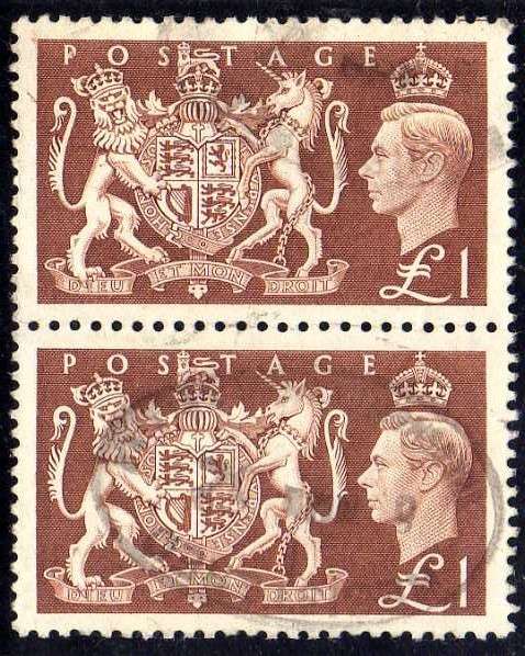 GREAT BRITAIN 1951 1 POUND BROWN VERT PAIR FINE USED. SG 512. CAT 36 POUNDS.