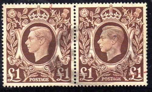 GREAT BRITAIN 1939 1 POUND BROWN DEFIN PAIR FINE USED. SG 478b. CAT 52 POUNDS.